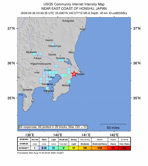 USGS DYFI community-reported intensity map for the M5.8 earthquake near 2 km ESE of Yōkaichiba, Japan