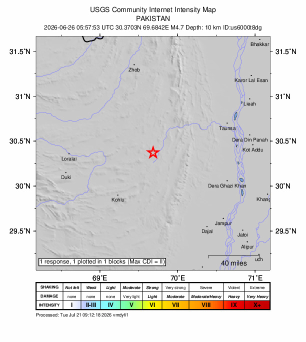 USGS DYFI community-reported intensity map for the M4.7 earthquake near 54 km NNE of Barkhan, Pakistan