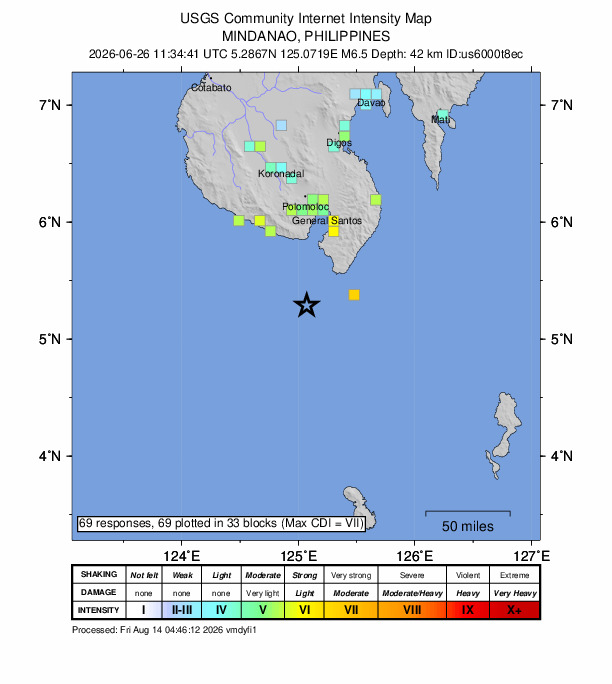 USGS DYFI community-reported intensity map for the M6.5 earthquake near 44 km SW of Balangonan, Philippines