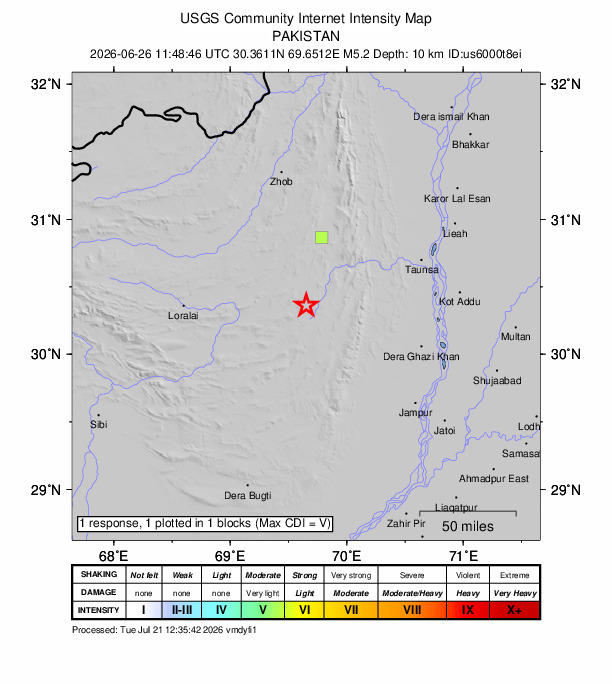 USGS DYFI community-reported intensity map for the M5.2 earthquake near 52 km NNE of Barkhan, Pakistan