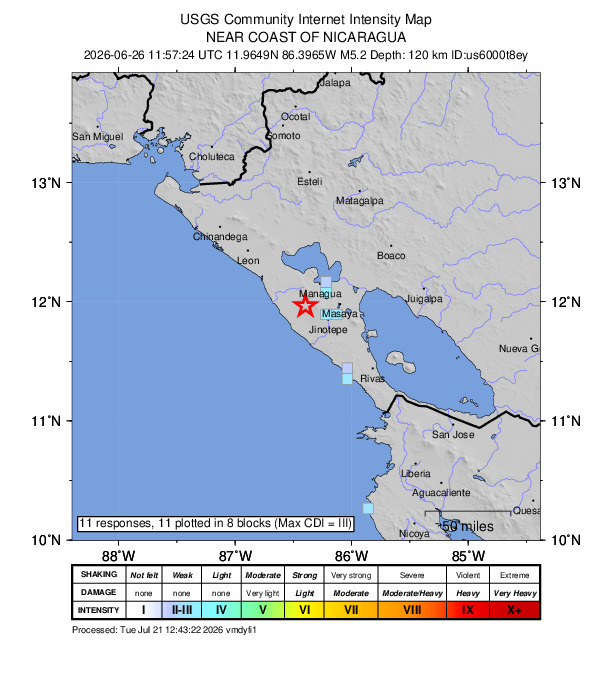 USGS DYFI community-reported intensity map for the M5.2 earthquake near 9 km WSW of El Crucero, Nicaragua