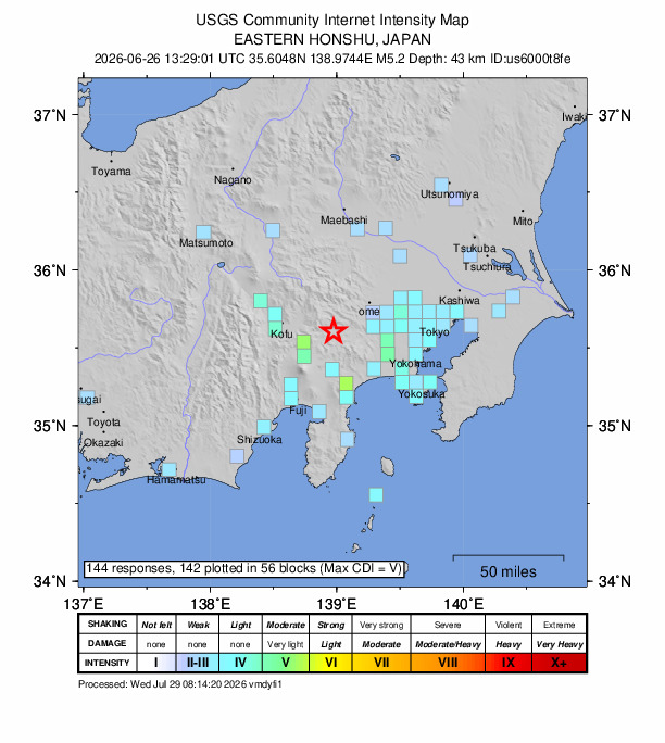 USGS DYFI community-reported intensity map for the M5.2 earthquake near 6 km SW of Ōtsuki, Japan