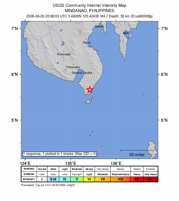 USGS DYFI community-reported intensity map for the M4.7 earthquake near 3 km NNW of Nuing, Philippines