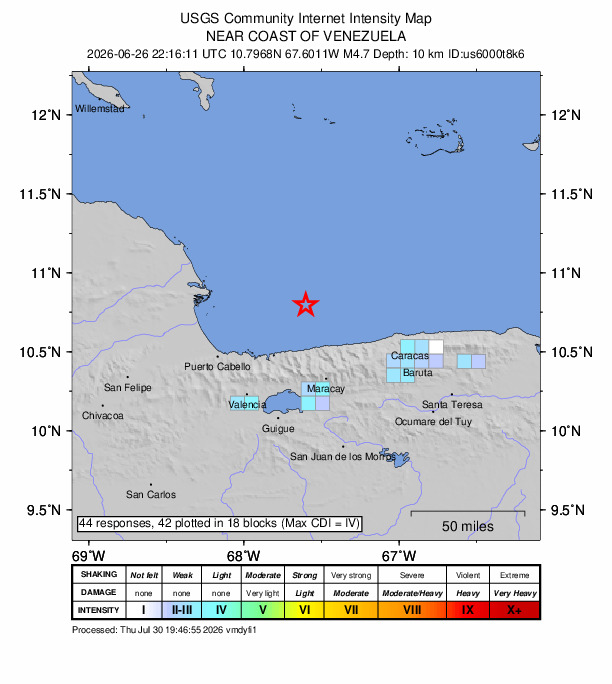 USGS DYFI community-reported intensity map for the M4.7 earthquake near 54 km N of El Limón, Venezuela