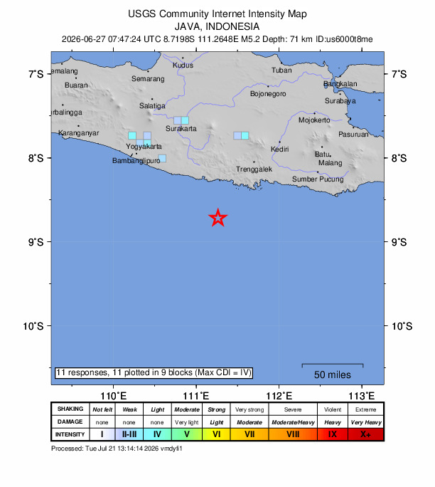 USGS DYFI community-reported intensity map for the M5.2 earthquake near 86 km SW of Trenggalek, Indonesia