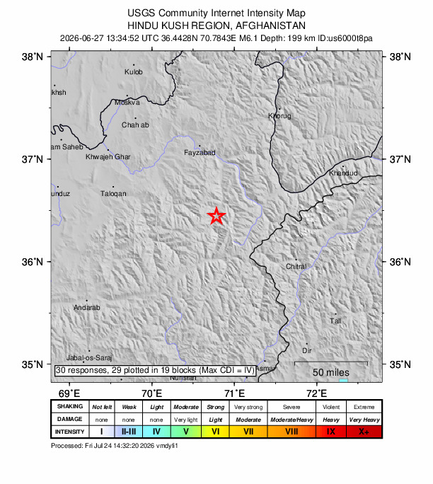 USGS DYFI community-reported intensity map for the M6.1 earthquake near 47 km S of Jurm, Afghanistan