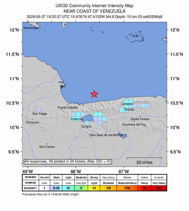 USGS DYFI community-reported intensity map for the M4.8 earthquake near 41 km N of El Limón, Venezuela