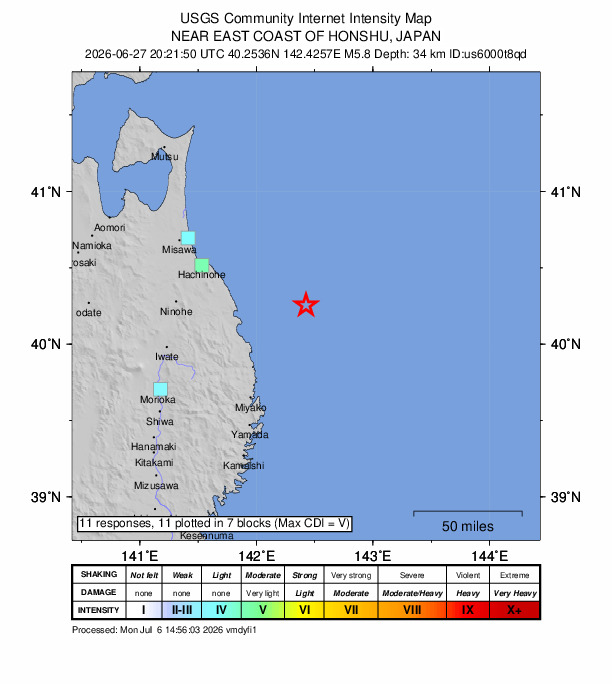 USGS DYFI community-reported intensity map for the M5.8 earthquake near 54 km ENE of Noda, Japan