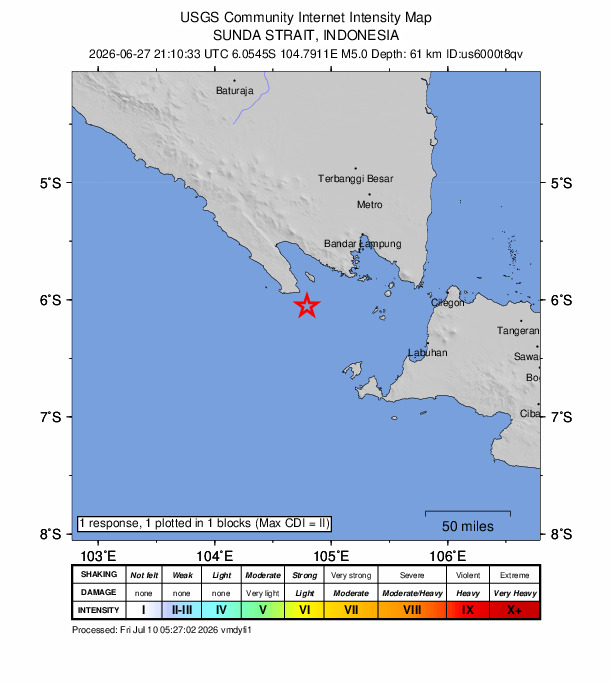 USGS DYFI community-reported intensity map for the M5.0 earthquake near 86 km SW of Bandar Lampung, Indonesia