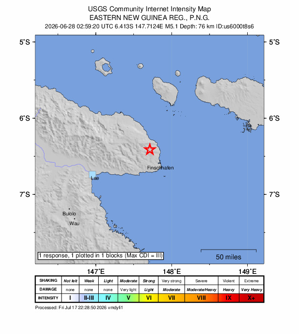 USGS DYFI community-reported intensity map for the M5.1 earthquake near 21 km NW of Finschhafen, Papua New Guinea