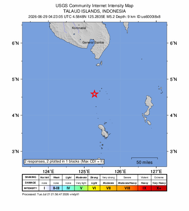 USGS DYFI community-reported intensity map for the M5.2 earthquake near 92 km SSW of Sarangani, Philippines