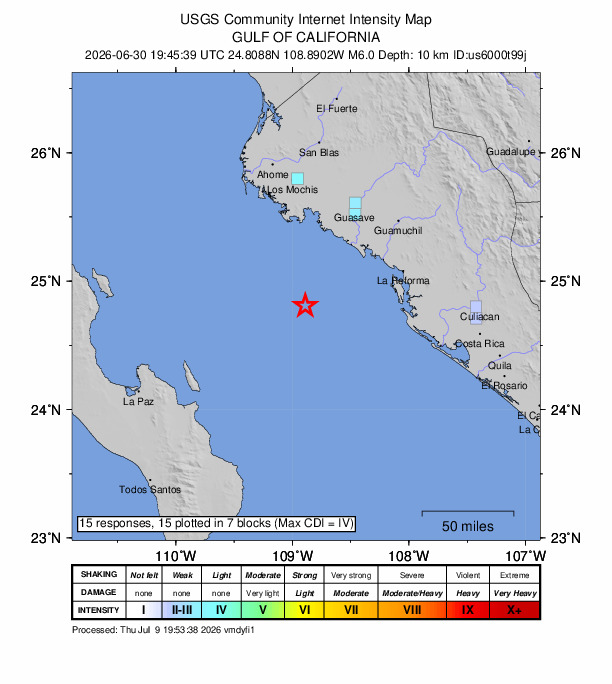 USGS DYFI community-reported intensity map for the M6.0 earthquake near 75 km SSW of El Progreso, Mexico