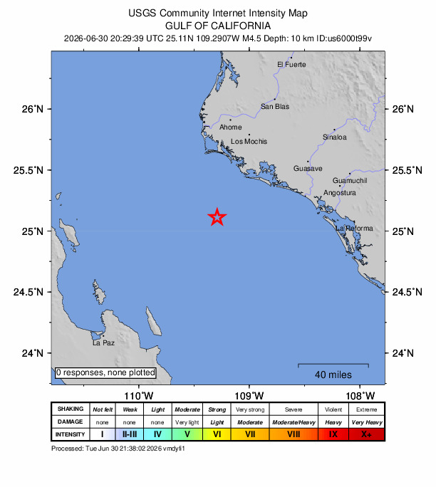 USGS DYFI community-reported intensity map for the M4.5 earthquake near 96 km SSW of El Progreso, Mexico