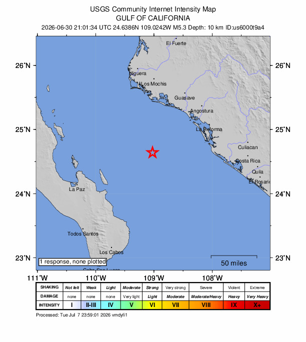 USGS DYFI community-reported intensity map for the M5.3 earthquake near 96 km SSW of El Progreso, Mexico