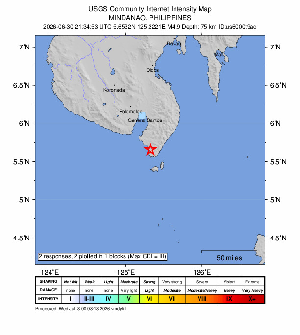USGS DYFI community-reported intensity map for the M4.9 earthquake near 6 km SE of Pangyan, Philippines