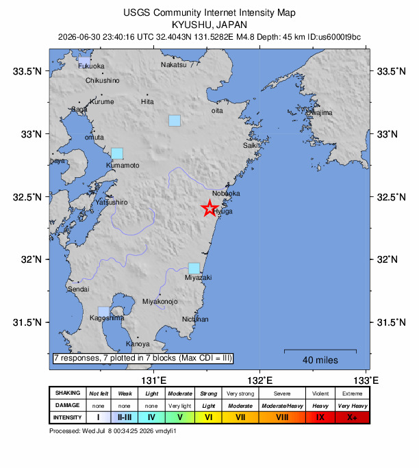 USGS DYFI community-reported intensity map for the M4.8 earthquake near 9 km WSW of Hyūga, Japan
