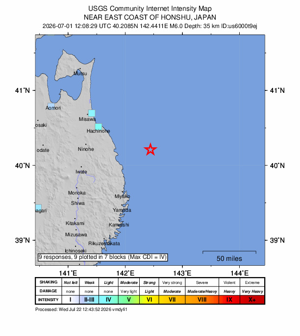 USGS DYFI community-reported intensity map for the M6.0 earthquake near 54 km ENE of Noda, Japan