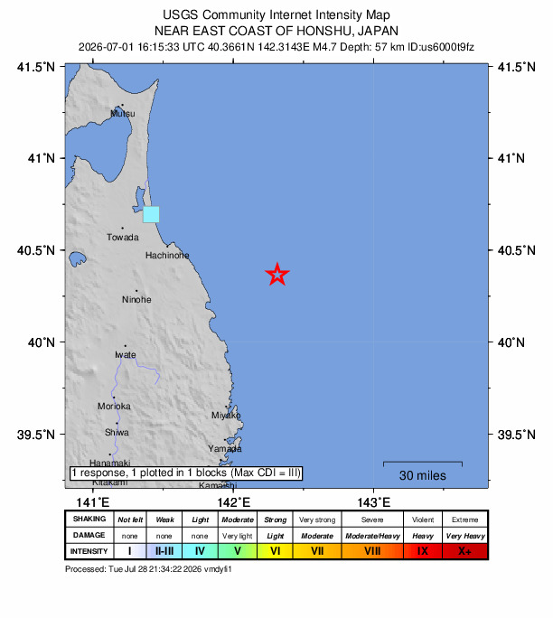 USGS DYFI community-reported intensity map for the M4.7 earthquake near 50 km ENE of Kuji, Japan