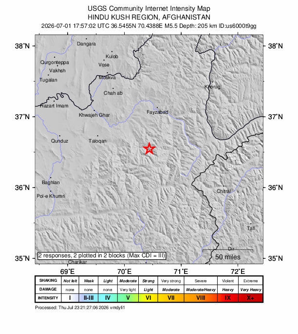 USGS DYFI community-reported intensity map for the M5.5 earthquake near 50 km SW of Jurm, Afghanistan