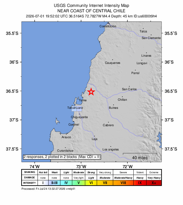 USGS DYFI community-reported intensity map for the M4.4 earthquake near 19 km NE of Tomé, Chile