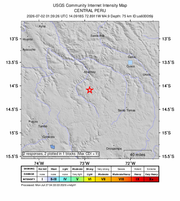 USGS DYFI community-reported intensity map for the M4.9 earthquake near 19 km NE of Pachaconas, Peru