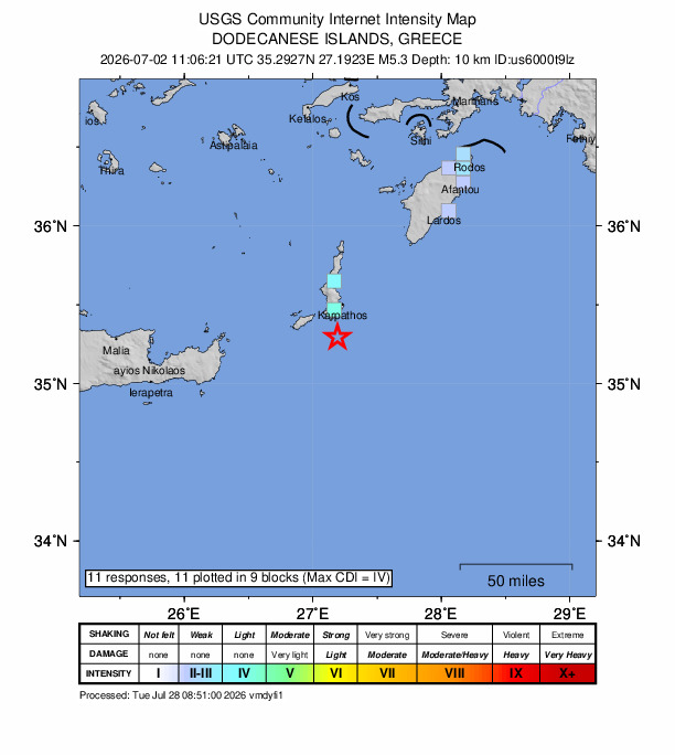 USGS DYFI community-reported intensity map for the M5.3 earthquake near 23 km S of Karpathos, Greece