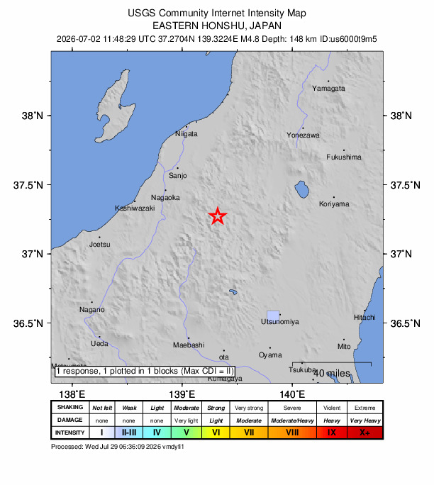 USGS DYFI community-reported intensity map for the M4.8 earthquake near 32 km E of Uonuma, Japan