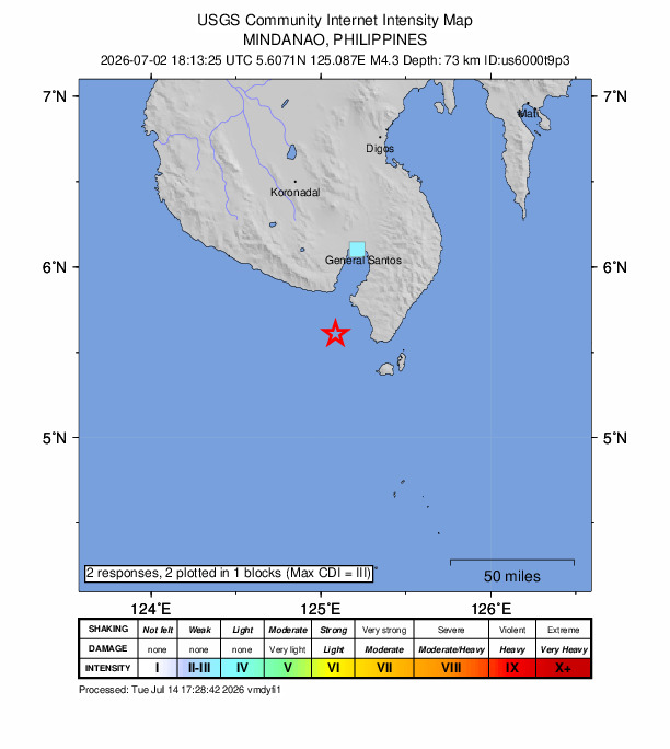 USGS DYFI community-reported intensity map for the M4.3 earthquake near 22 km WSW of Burias, Philippines