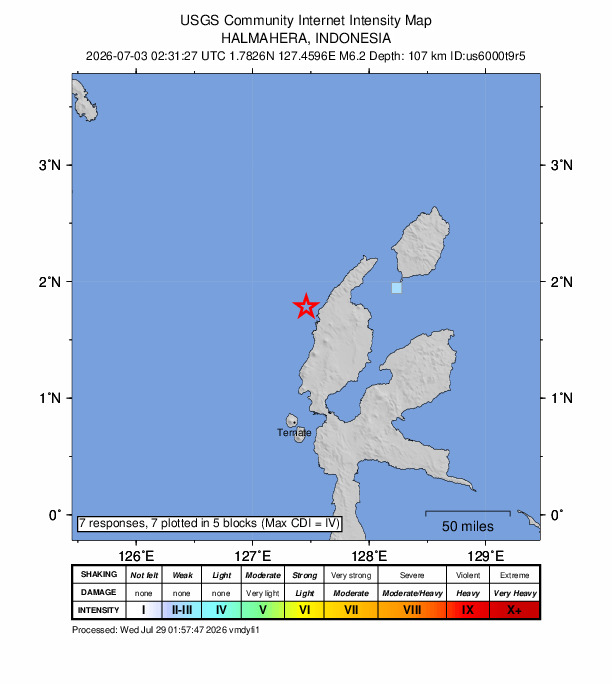 USGS DYFI community-reported intensity map for the M6.2 earthquake near 61 km W of Tobelo, Indonesia