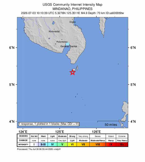 USGS DYFI community-reported intensity map for the M4.9 earthquake near 15 km SW of Sarangani, Philippines