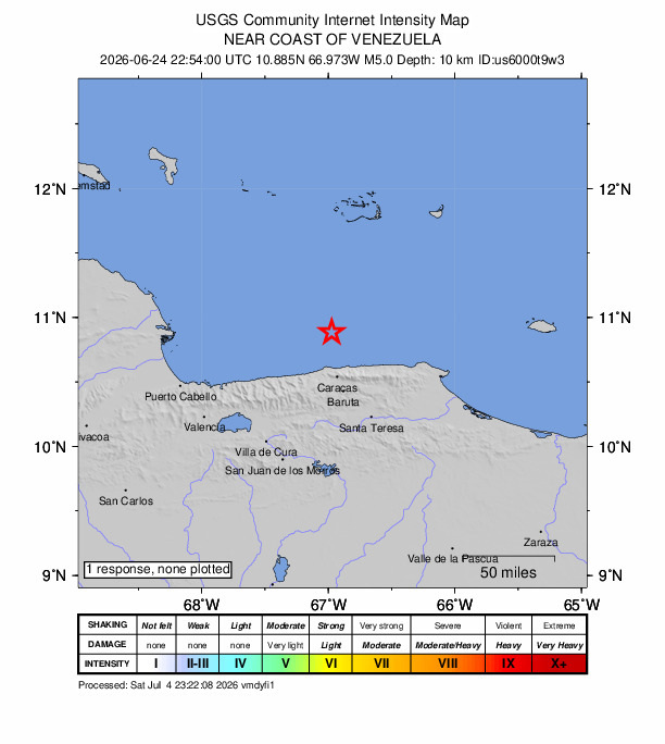 USGS DYFI community-reported intensity map for the M5.0 earthquake near 31 km NNE of Catia La Mar, Venezuela