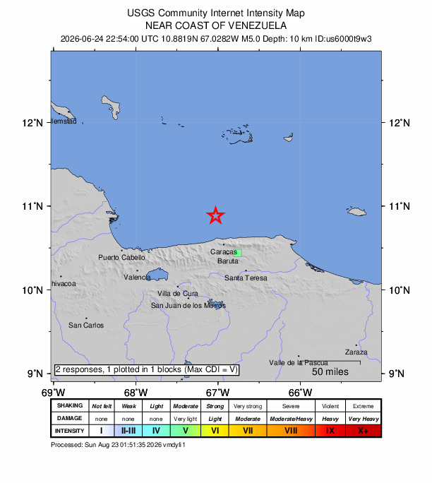 USGS DYFI community-reported intensity map for the M5.0 earthquake near 30 km N of Catia La Mar, Venezuela