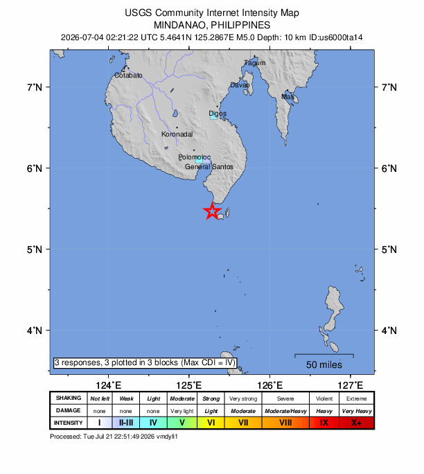 USGS DYFI community-reported intensity map for the M5.0 earthquake near 14 km SSW of Balangonan, Philippines