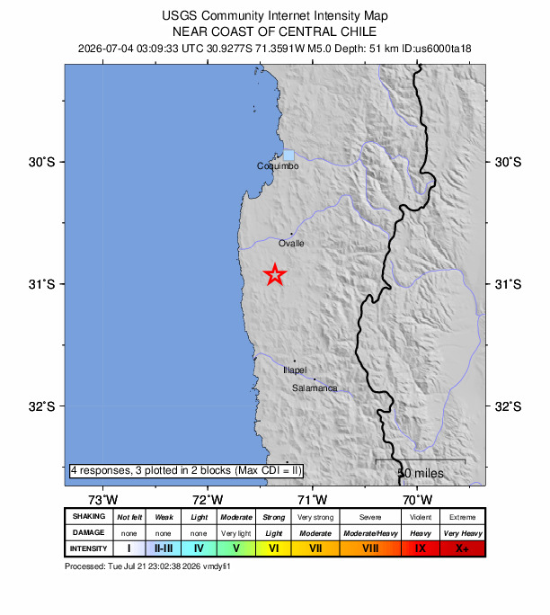 USGS DYFI community-reported intensity map for the M5.0 earthquake near 39 km SSW of Ovalle, Chile