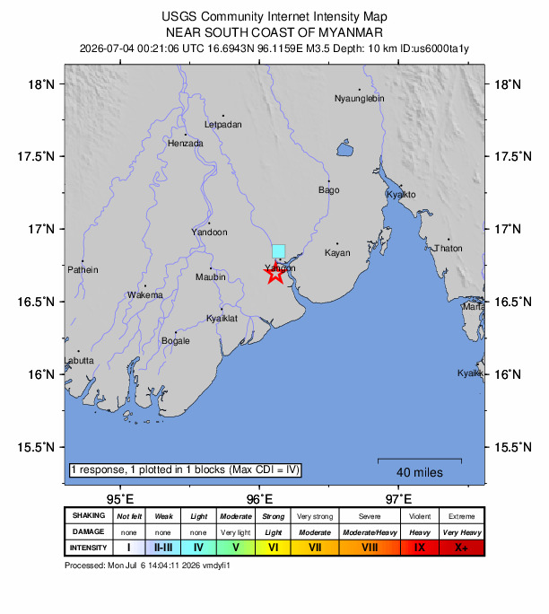 USGS DYFI community-reported intensity map for the M3.5 earthquake near 12 km E of Kanbe, Burma (Myanmar)