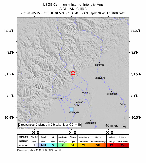USGS DYFI community-reported intensity map for the M4.9 earthquake near 27 km NW of Mianzhu, Deyang, Sichuan, China