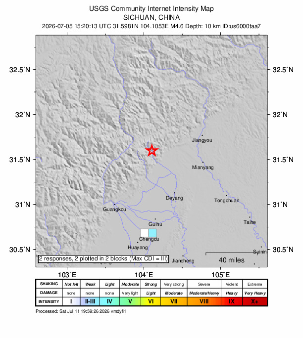 USGS DYFI community-reported intensity map for the M4.6 earthquake near 30 km NNW of Mianzhu, Deyang, Sichuan, China