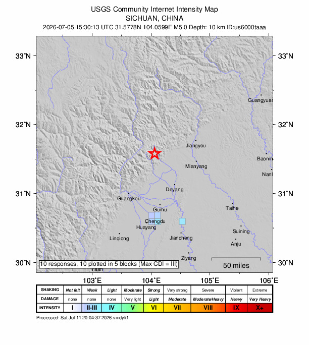 USGS DYFI community-reported intensity map for the M5.0 earthquake near 30 km NNW of Mianzhu, Deyang, Sichuan, China