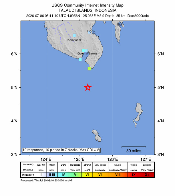 USGS DYFI community-reported intensity map for the M5.9 earthquake near 56 km SSW of Sarangani, Philippines