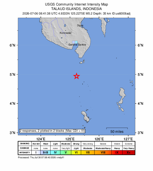 USGS DYFI community-reported intensity map for the M5.2 earthquake near 58 km SSW of Sarangani, Philippines