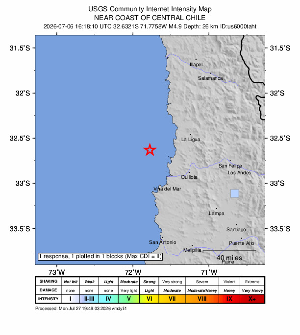 USGS DYFI community-reported intensity map for the M4.9 earthquake near 46 km NNW of Valparaíso, Chile