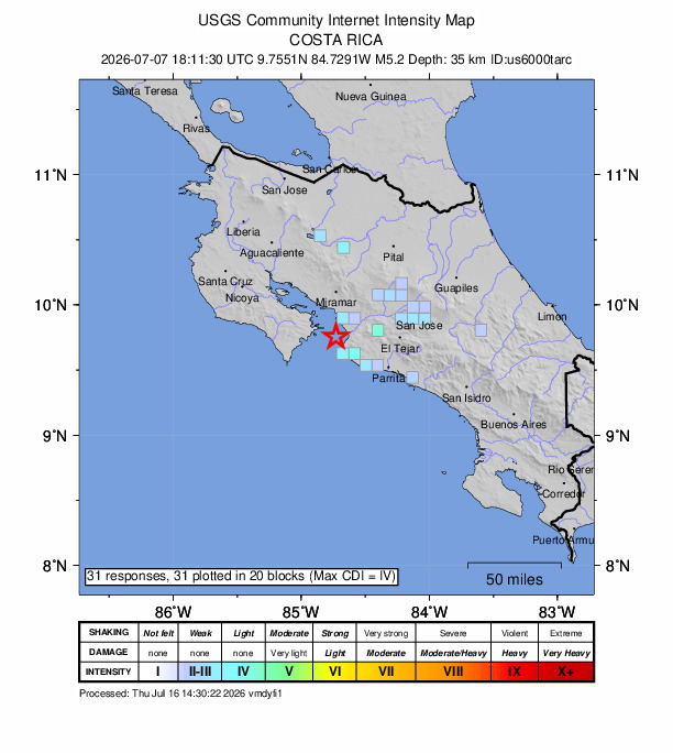 USGS DYFI community-reported intensity map for the M5.2 earthquake near 18 km NW of Jacó, Costa Rica