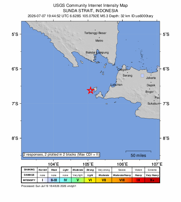 USGS DYFI community-reported intensity map for the M5.3 earthquake near 87 km WSW of Labuan, Indonesia