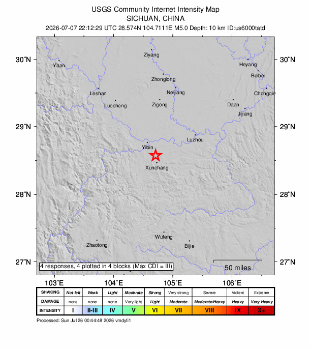 USGS DYFI community-reported intensity map for the M5.0 earthquake near 17 km SSE of Yibin, China