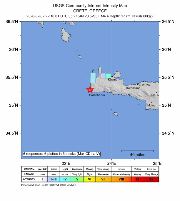 USGS DYFI community-reported intensity map for the M4.4 earthquake near 14 km WNW of Palaióchora, Greece