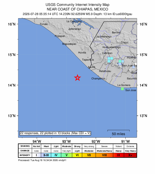 USGS DYFI community-reported intensity map for the M5.9 earthquake near 54 km SW of Brisas Barra de Suchiate, Mexico