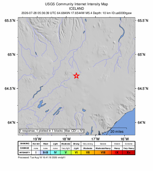 USGS DYFI community-reported intensity map for the M5.4 earthquake near 113 km S of Akureyri, Iceland