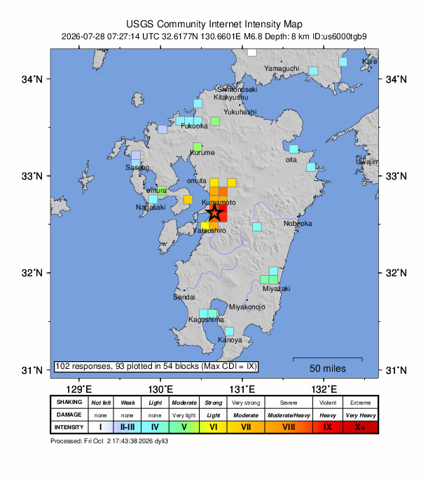 USGS DYFI community-reported intensity map for the M6.8 earthquake near The 2026 Kumamoto Region, Japan Earthquake