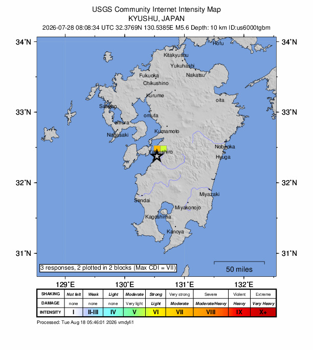 USGS DYFI community-reported intensity map for the M5.6 earthquake near 15 km SSW of Honmachi, Japan