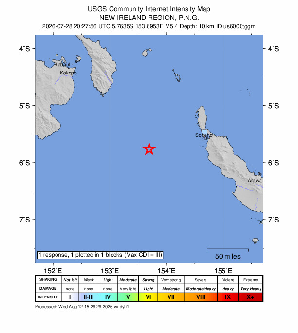 USGS DYFI community-reported intensity map for the M5.4 earthquake near 207 km WNW of Panguna, Papua New Guinea